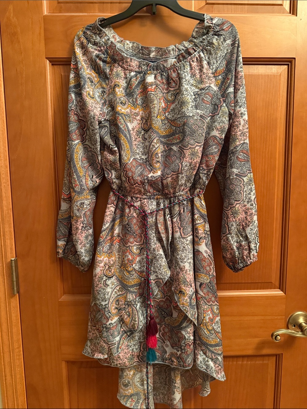 Truly Me Multicolor Paisley Long-Sleeve Dress with Tassel Belt